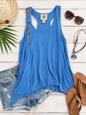 TWG Blue Silk Beaded Strap Tunic Tank Top Size Large Boho Resort Wear